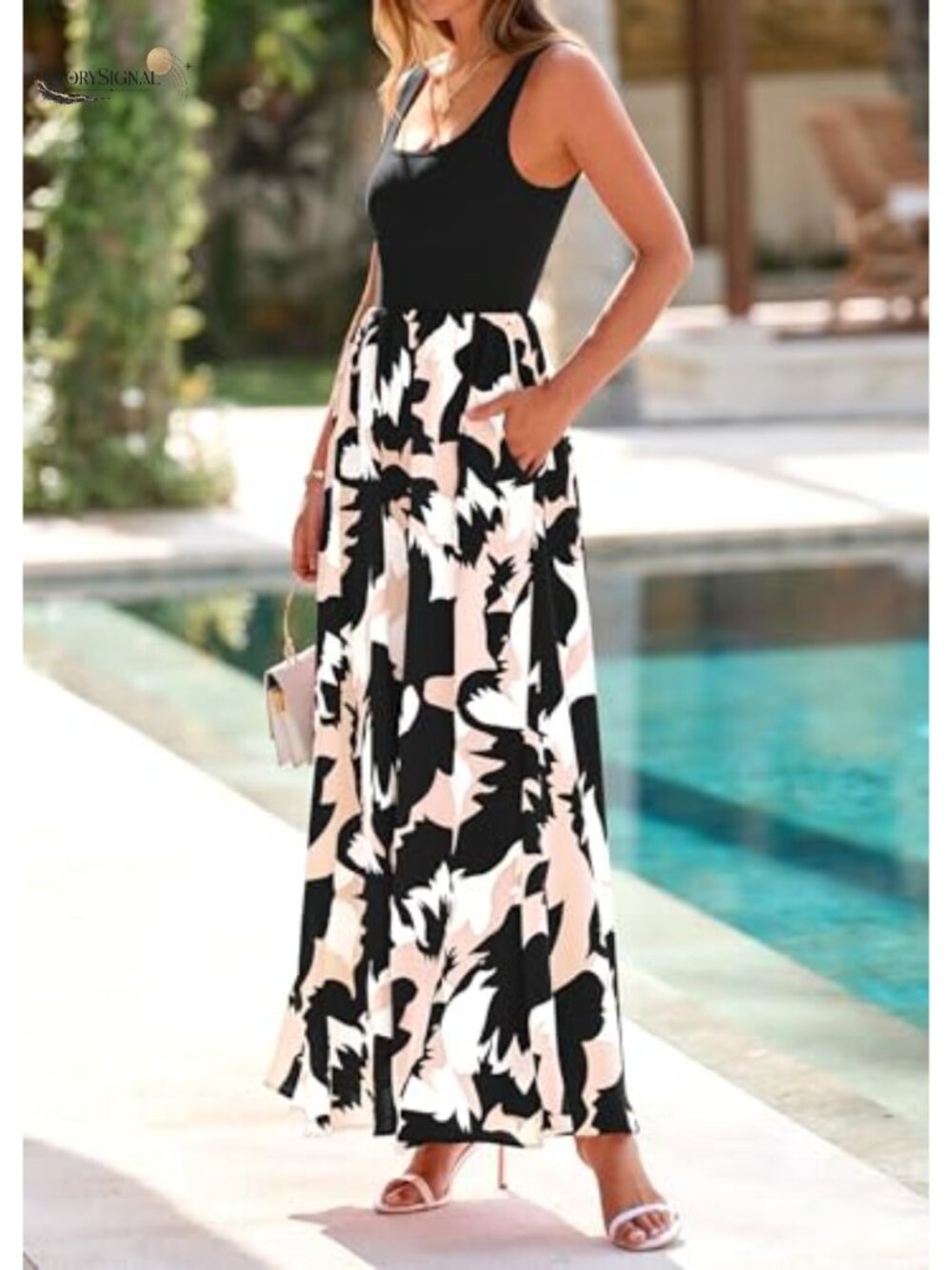 Women's Boho Floral Maxi Dress Scoop Neck Sleeveless Flowy Sundress - Picture 4 of 6